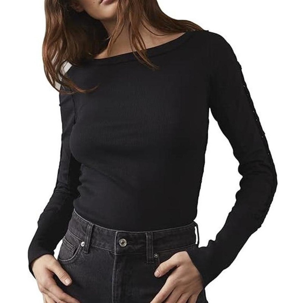 NEW We the Free People Daisy Chain Long Sleeve Braided Fitted Black Medium NWOT - Picture 2 of 8